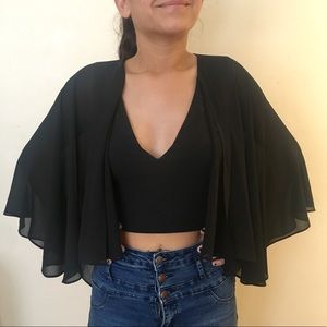 Black V-neck Crop Top w/ Flowing Cape